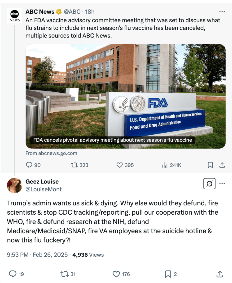 X post about flu vaccine meeting cancelations